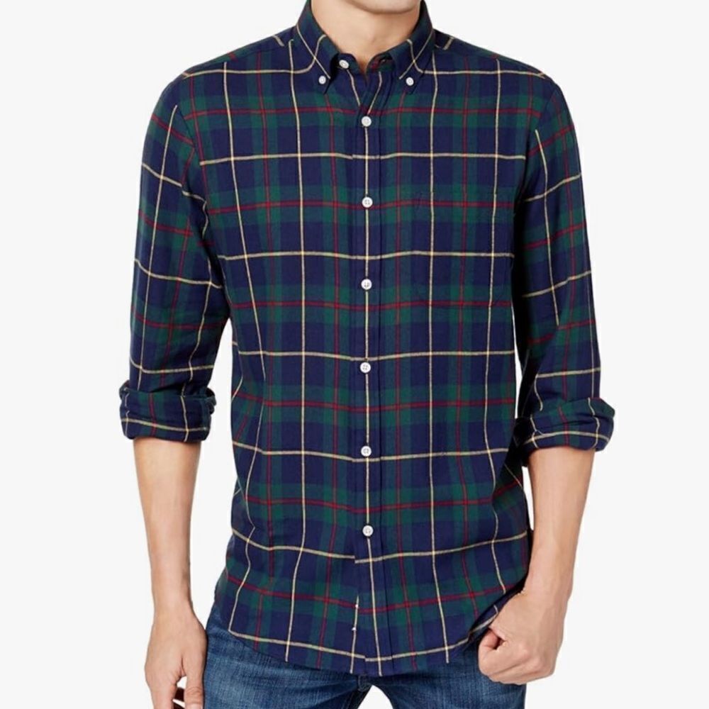 NWT Club Room Button Down XXL Stretch Moisture Wicking Cotton Plaid Tarten Blue